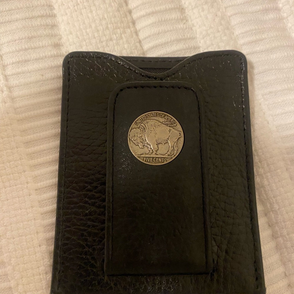 Elegant Black Leather Money Clip with Coin Detail